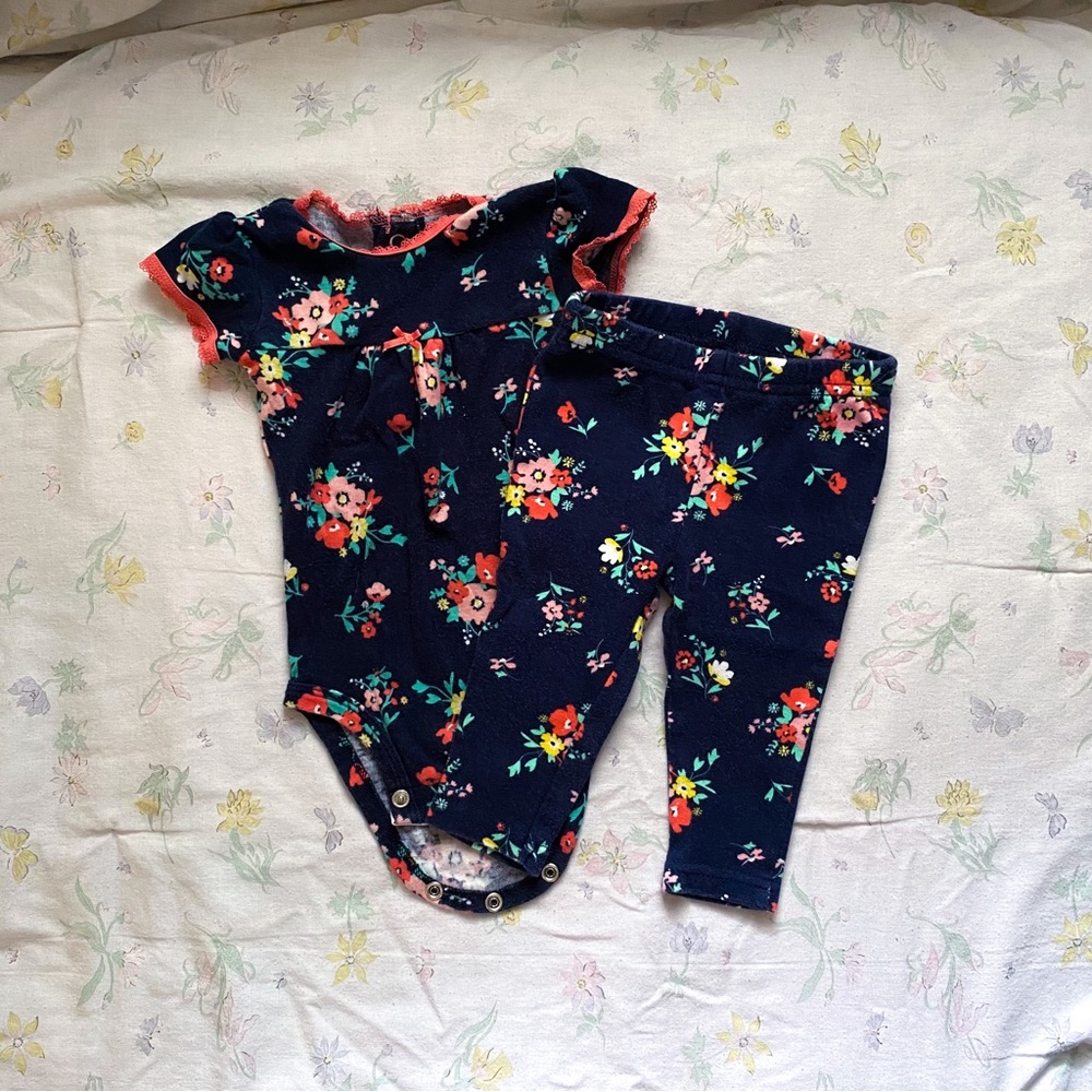 Carters Blue Floral Onesie and Pants Outfit Bundle 3m